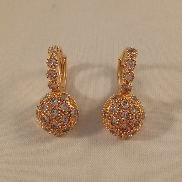 18K Yellow Gold Filled Round Beaded Diamond Zircon Drop Earrings Gorgeous Gift - Picture 2 of 8